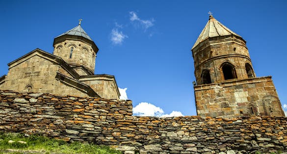 Photo of Gergeti Trinity Church in Stepantsminda Georgia.
