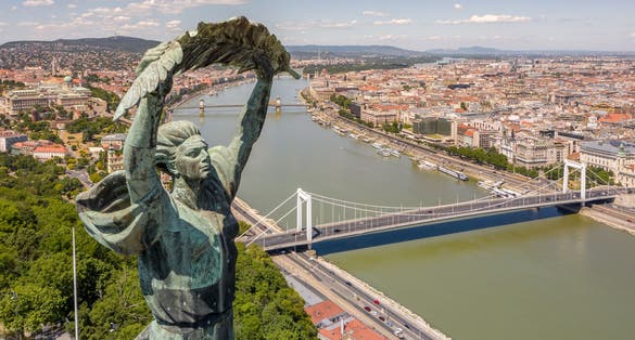 photo of Hungary - Amazing Budapest landscape with Statue of liberty, Buda castle, Chain Bridge and the Danube river from drone view