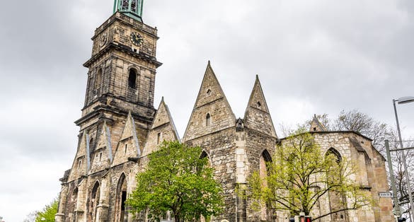 The bell tower of Aegidienkirche church in the downtown of Hannover, Germany.