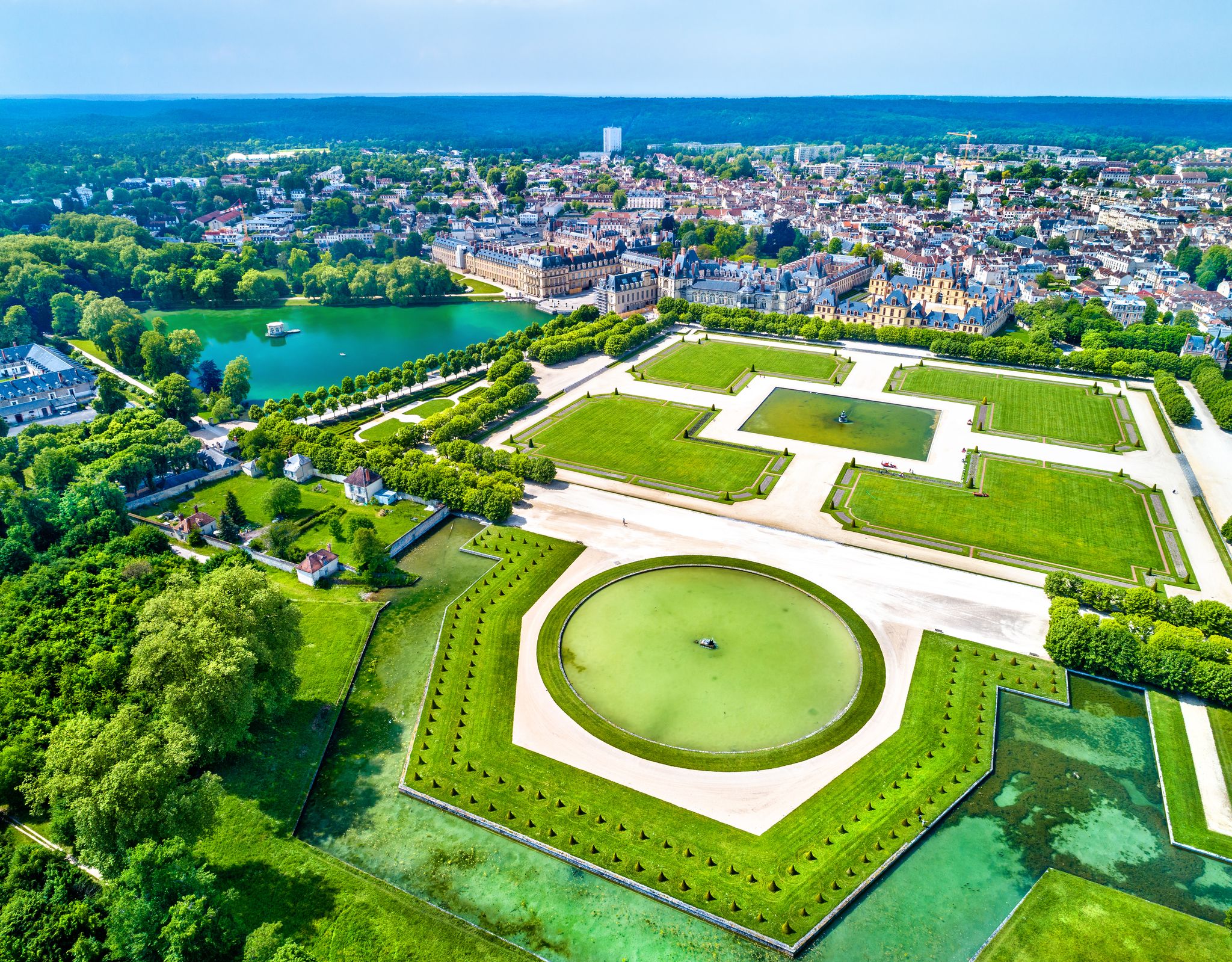 Aerial view of Chateau de Fontainebleau, a residence for the French monarchs. Now a UNESCO World Heritage Site in France