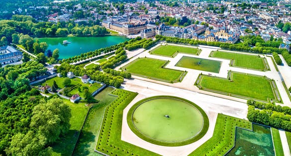Aerial view of Chateau de Fontainebleau, a residence for the French monarchs. Now a UNESCO World Heritage Site in France