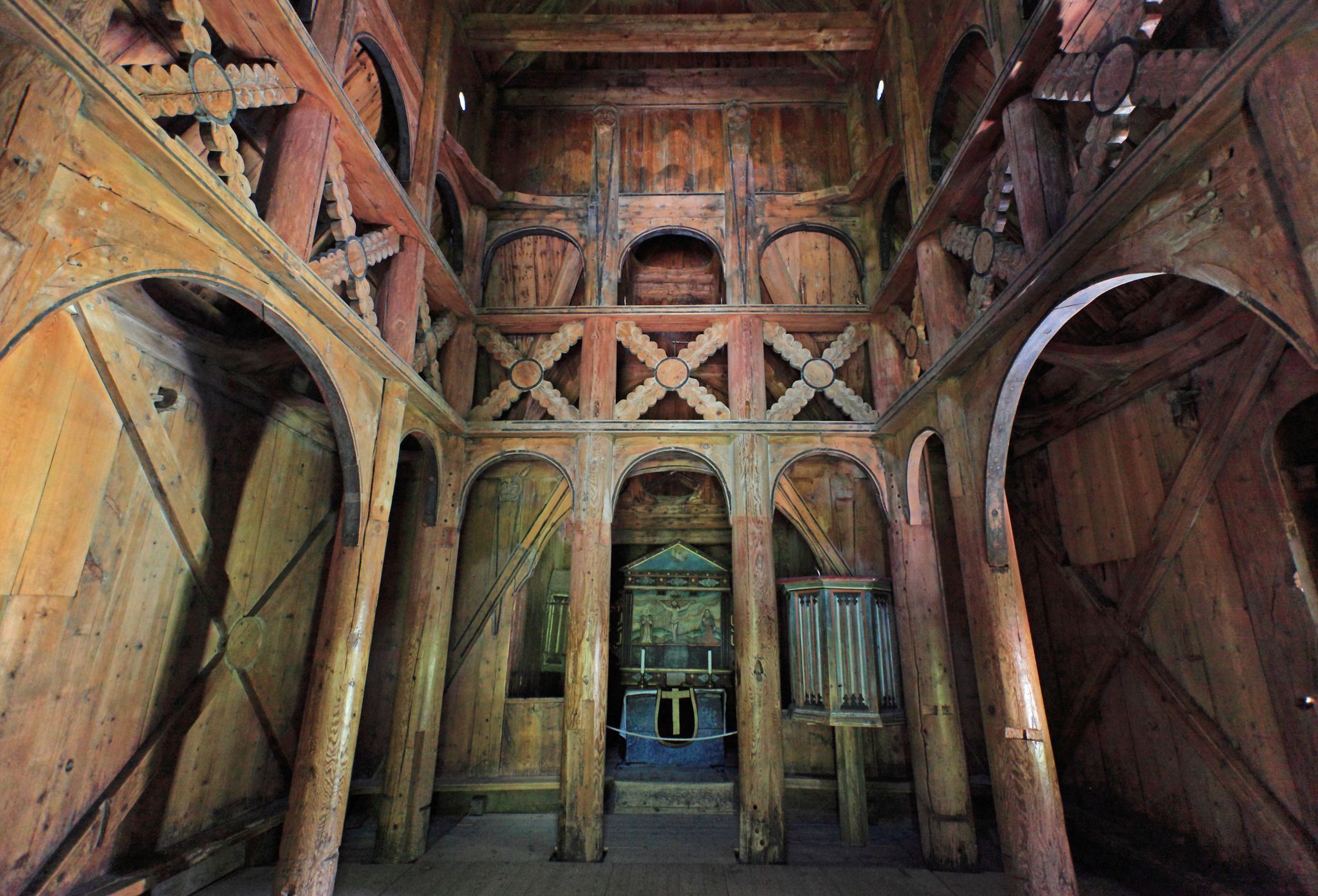 Heddal Stave Church (Heddal stavkirke) - wooden church inside, Norway.