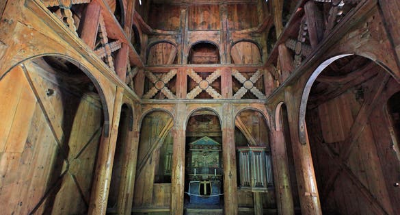 Heddal Stave Church (Heddal stavkirke) - wooden church inside, Norway.