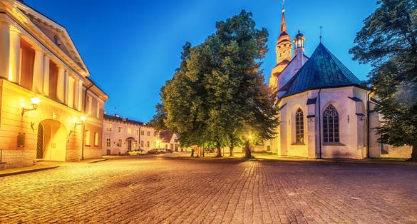 Photo of St Mary's Cathedral at night in Tallinn, Estonia.
