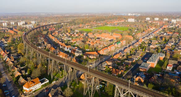 Rendburger Hochbrücke drone shot of a railway track over North Baltic Sea canal