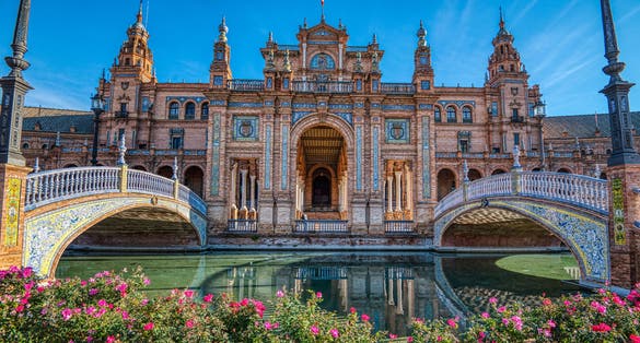Photo of part of the beautiful Plaza de Espana, Seville.