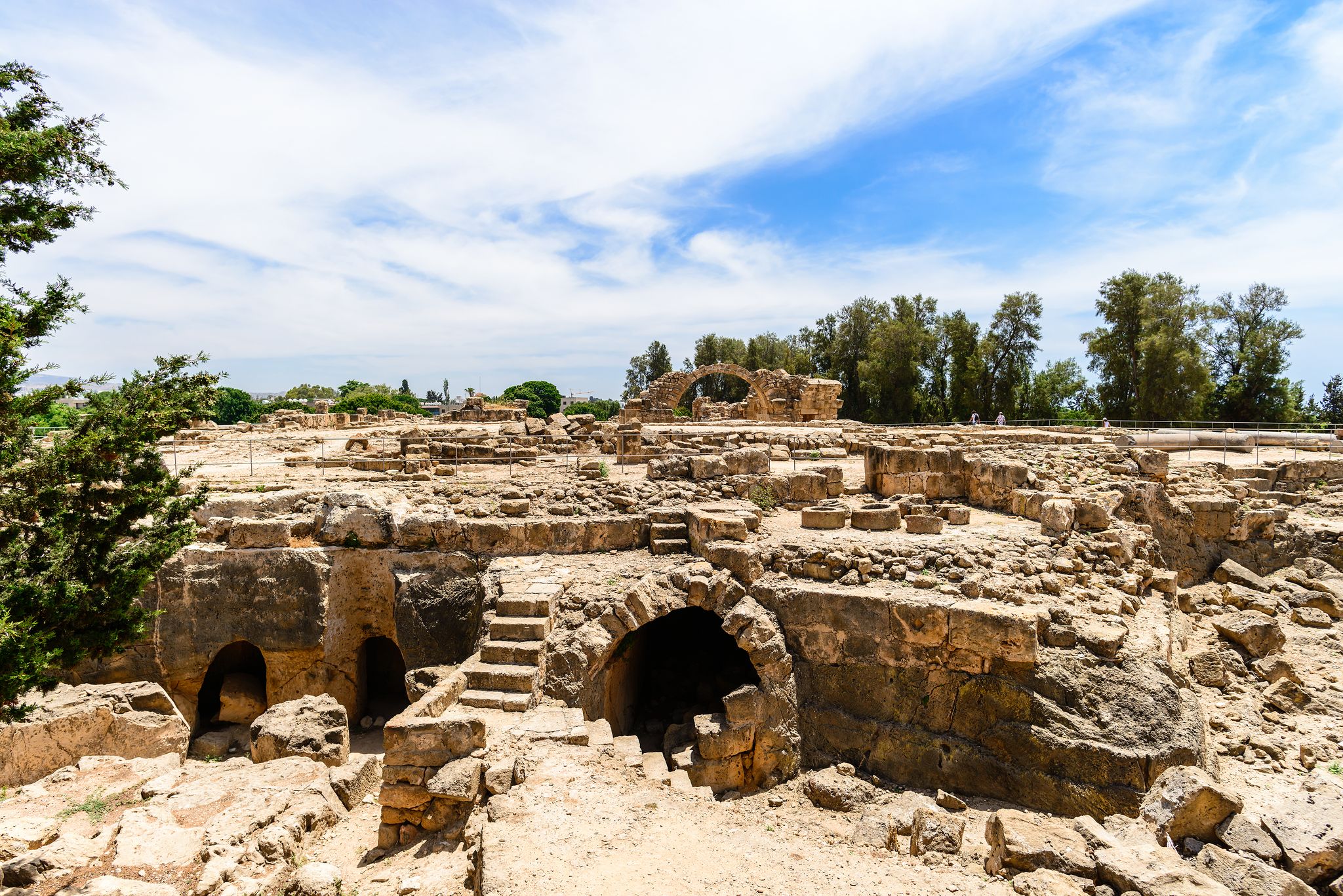 Photo of ruins of the ancient city of Nea Paphos, Antique columns in Kato Pafos Archaeological Park, Cyprus.