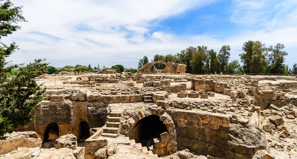 Photo of ruins of the ancient city of Nea Paphos, Antique columns in Kato Pafos Archaeological Park, Cyprus.
