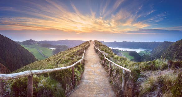 Photo of Mountain landscape with hiking trail and view of beautiful lakes Ponta Delgada, Sao Miguel Island, Azores, Portugal.