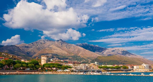 Panoramic sea landscape with Formia, Lazio, Italy. Scenic resort town village with nice sand beach and clear blue water. Famous tourist destination in Riviera de Ulisse