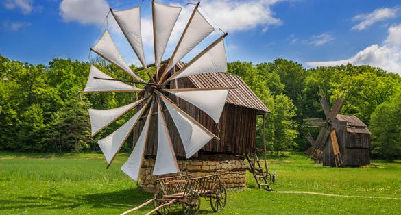 Photo of windmill in Dumbrava Sibiului Natural Park, Sibiu, Romania.