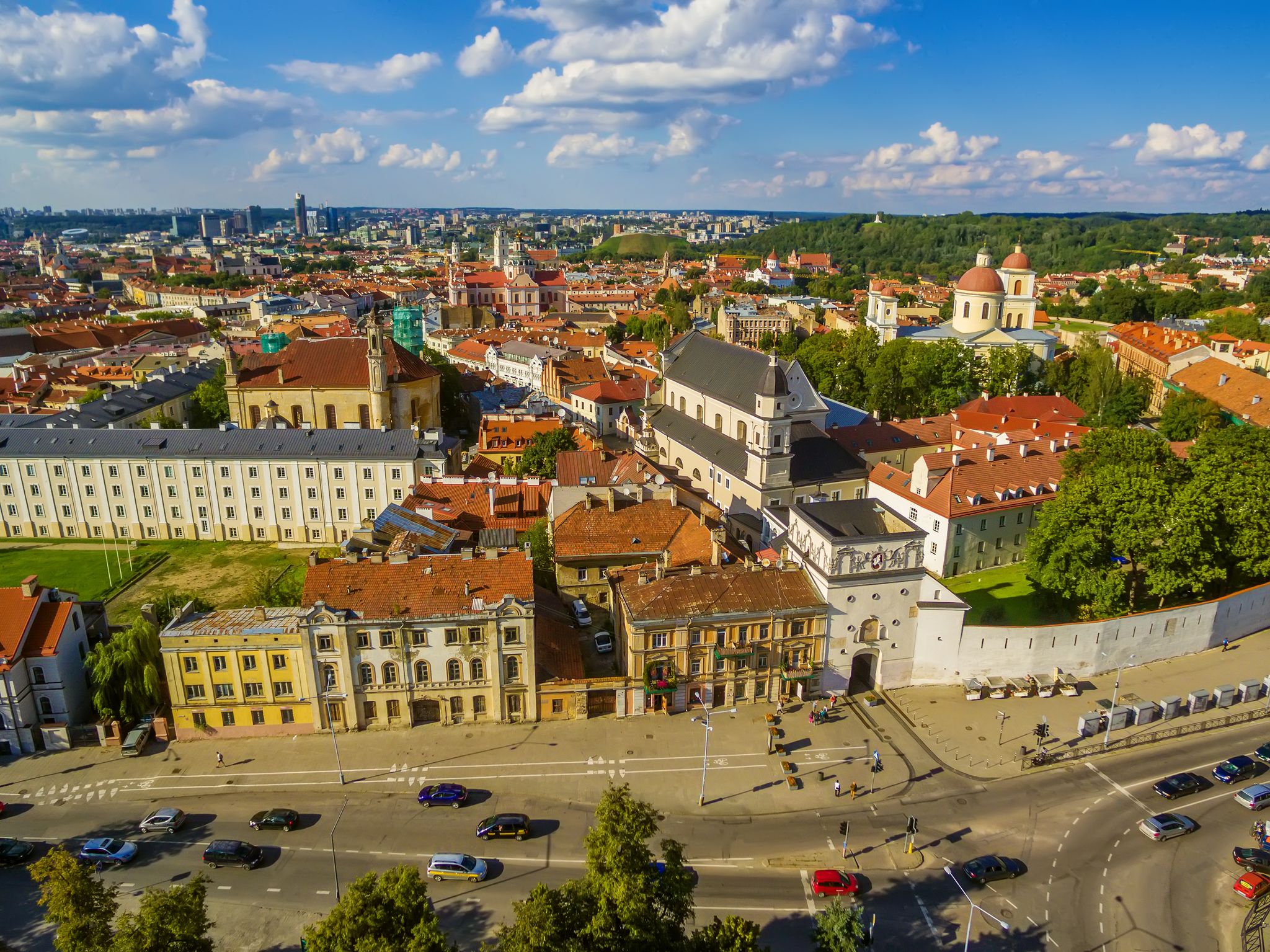photo of aerial top view of old town in vilnius, Lithuania: the gate of dawn (Lithuanian: Ausros, Medininku vartai). The gate of dawn is one of the most important religious, historical and cultural monuments.