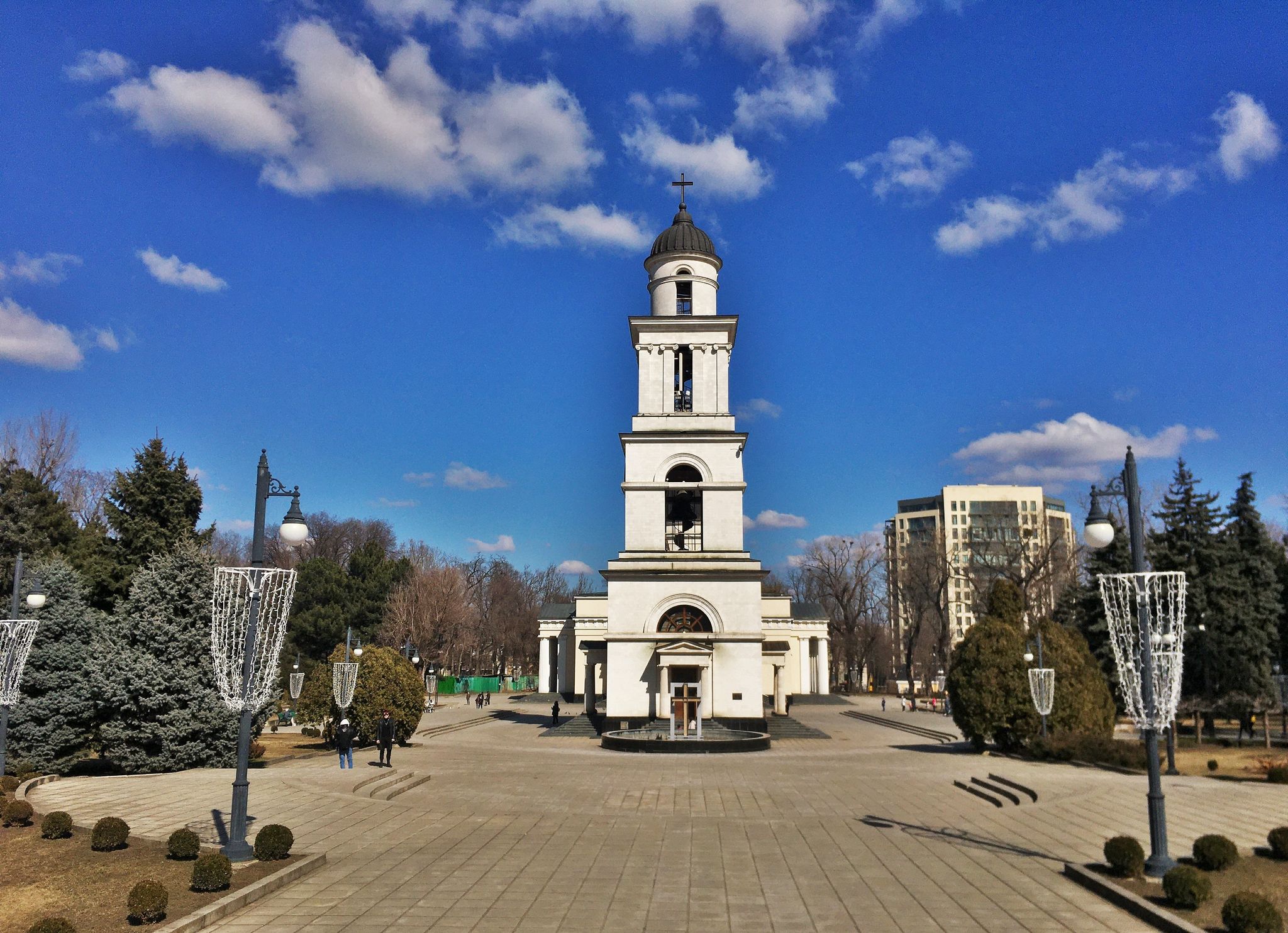Photo of bell tower and Cathedral of the Nativity of Christ in the background, city Chisinau, Republic of Moldova.