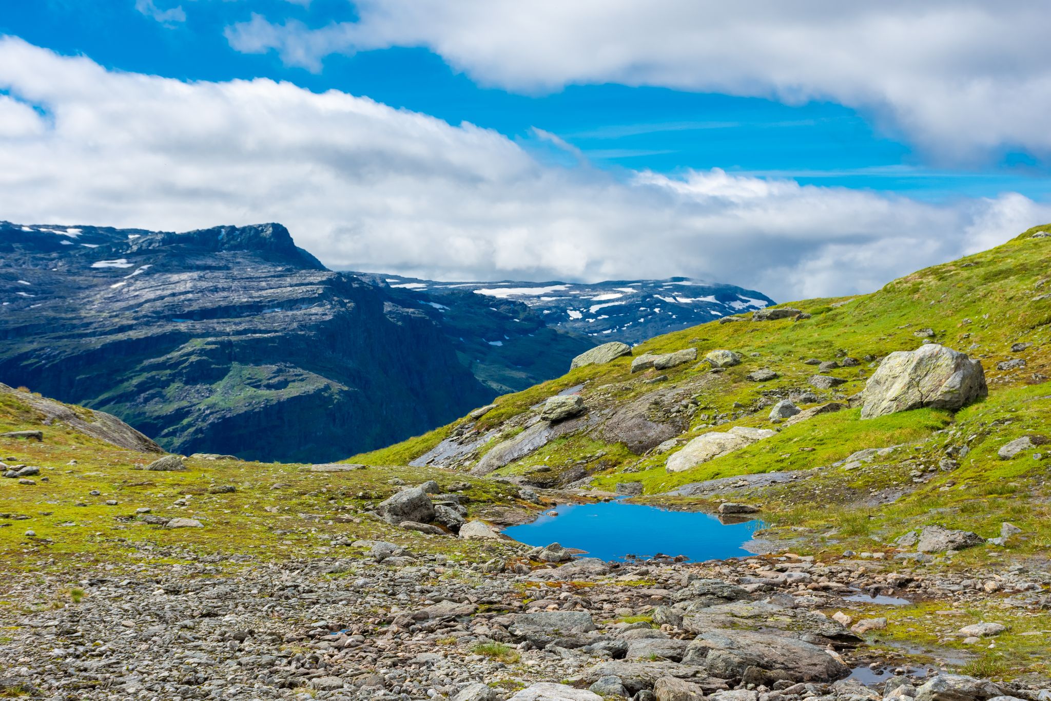 Beautiful blue ponds in the hiking trail of Trolltunga, Odda, Norway