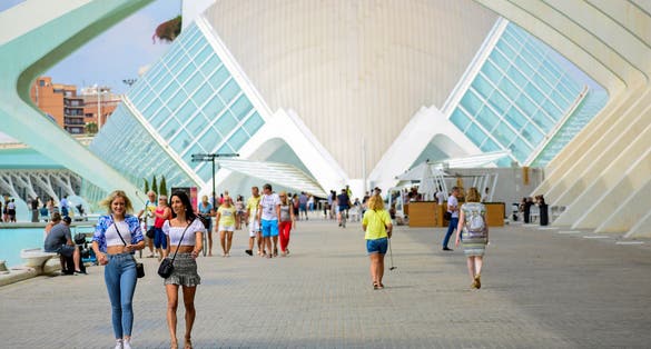 Photo of people visit the City of Arts and Sciences, Oceanographic and hemisphere museum, famous place from Spain.