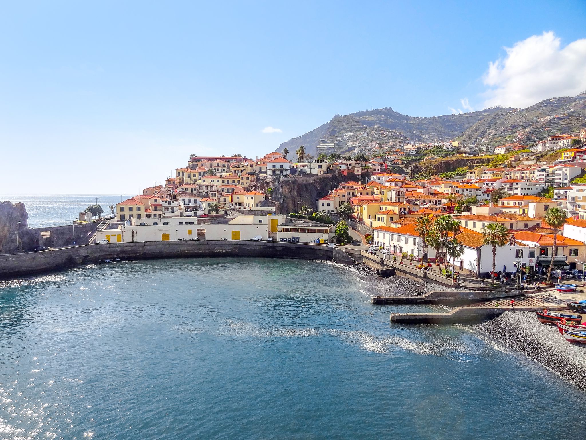 Aerial drone view of Camara de Lobos village, Madeira.