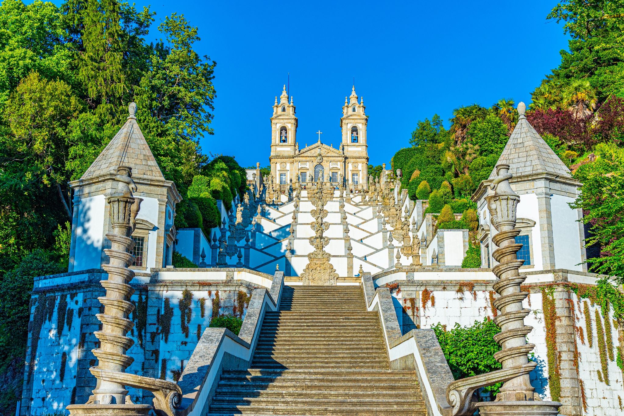 Photo of view of the church of Bom Jesus do Monte in Braga famous for sculpture decorated staircase leading to it, Portugal.