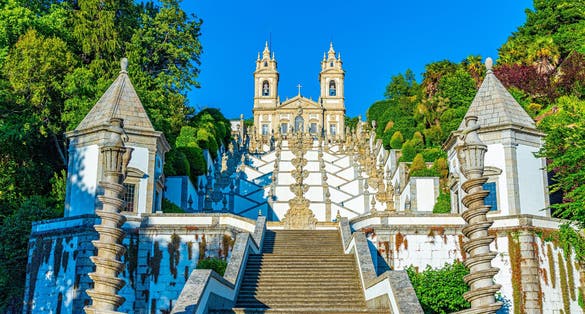 Photo of view of the church of Bom Jesus do Monte in Braga famous for sculpture decorated staircase leading to it, Portugal.