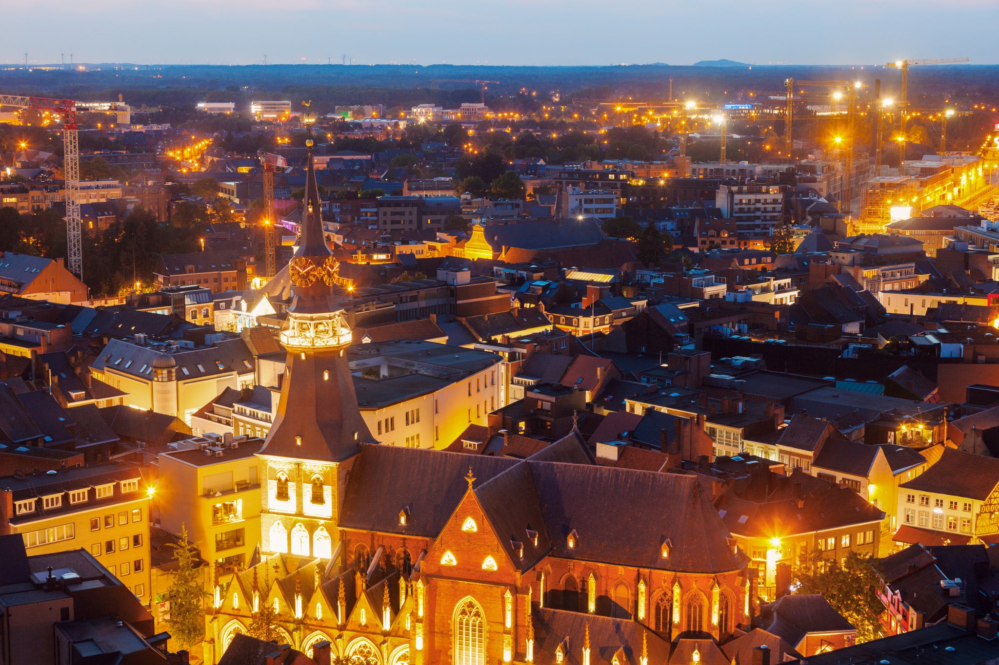 Photo of aerial panoramic view of Hasselt at night, Hasselt, Flemish Region, Belgium.