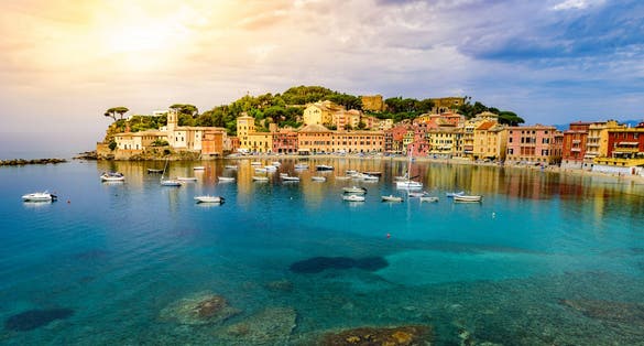 Photo of Sestri Levante - Paradise Bay of Silence with its boats and its lovely beach. Beautiful coast at Province of Genoa in Liguria, Italy - Europe.