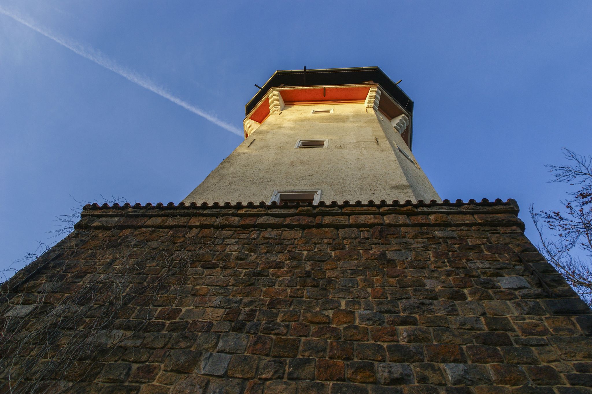 Photo of Tall observatory called Diana Tower located in a forest above Karlovy Vary old town, Czech Republic.