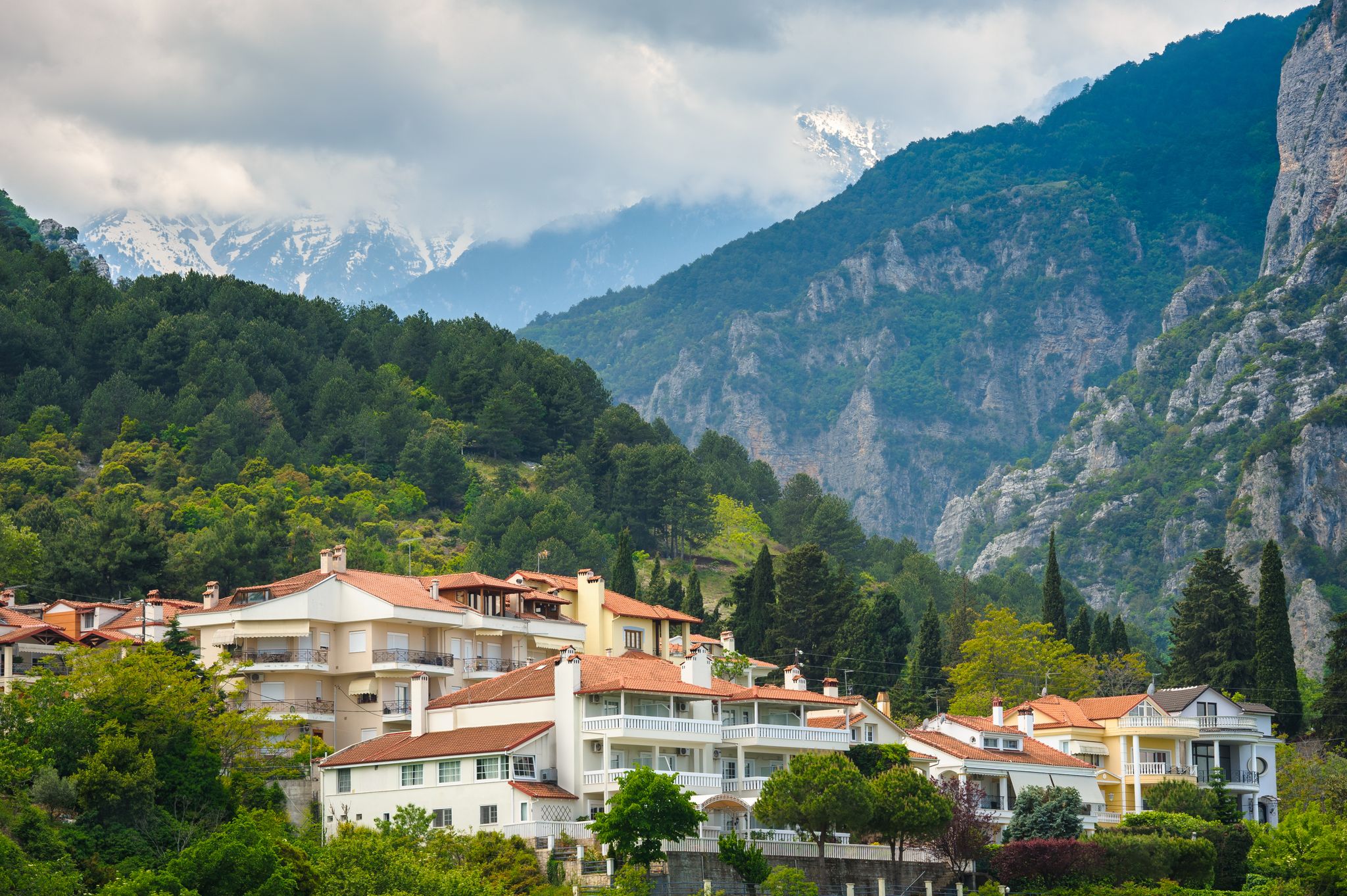 Photo of Litochoro and the majestic famous high Mount Olympus, Greece.