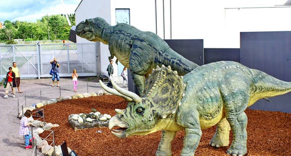 Photo of people look at Dinosaur exhibition in Finnish Science Centre Heureka  in Vantaa. 