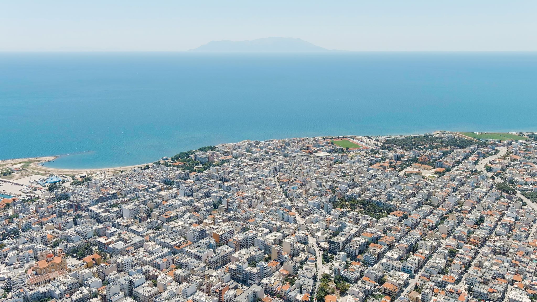 Photo of panoramic view of the central part of the Alexandroupoli city in summer. Coast of the Thracian Sea.