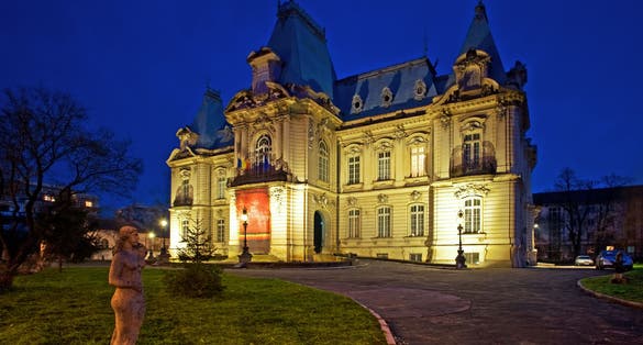 Night view of Craiova Art Museum housed in sumptuous Constantin Mihail Palace