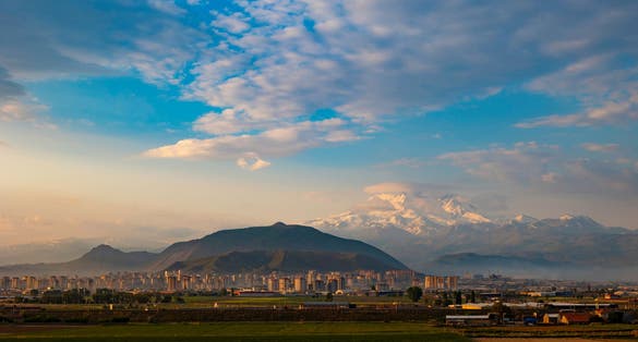 Photo of Kayseri city and Mount Erciyes at sunrise in the morning, Turkey.