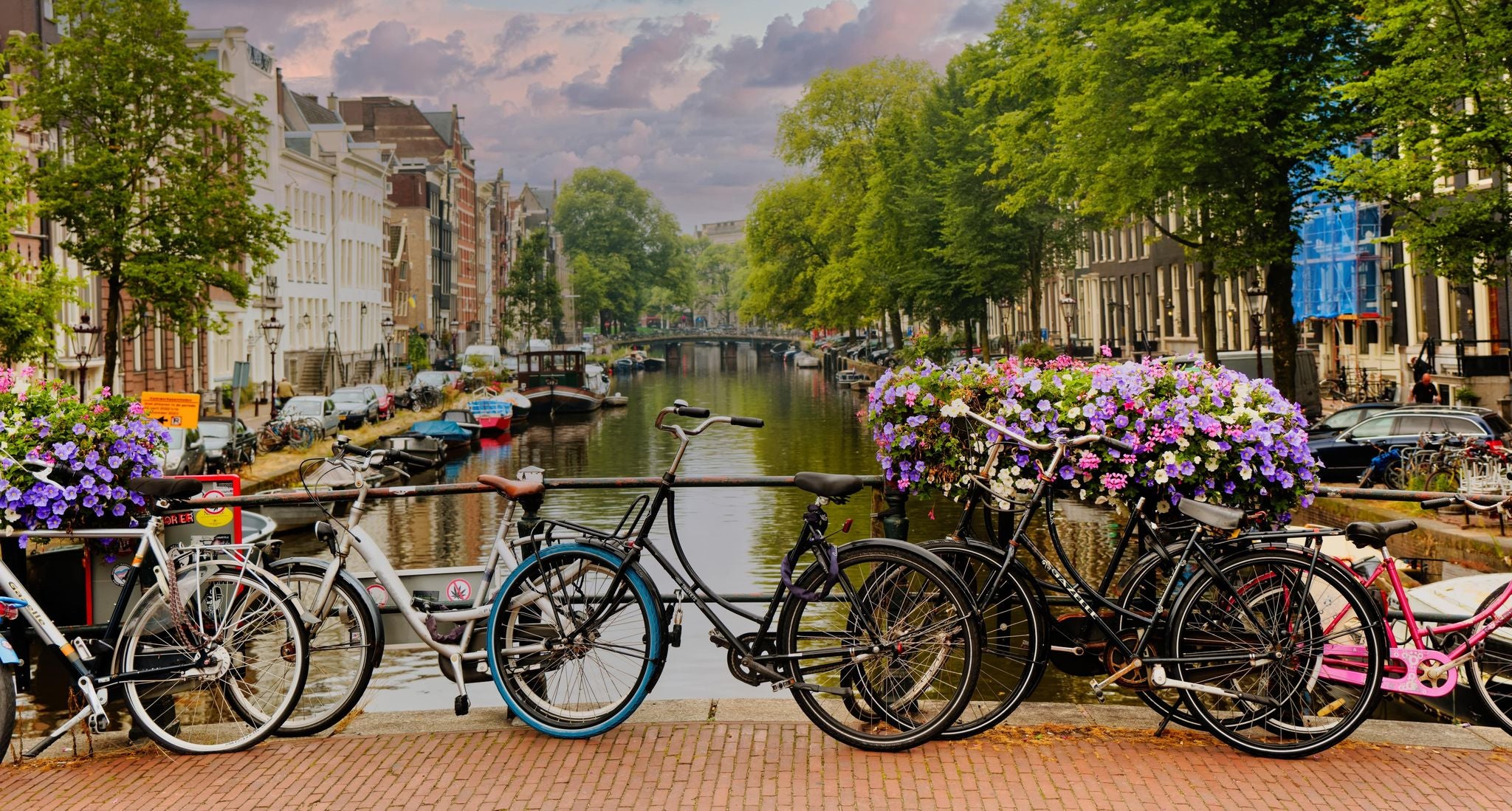 Bicycles parked on a flower-lined bridge overlooking an Amsterdam canal at sunset in August..jpg