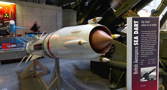 A Sea Dart ship board surface to air missile, credited with 8 kills in the Falklands Conflict, on display at the Royal Air Force Museum Cosford.