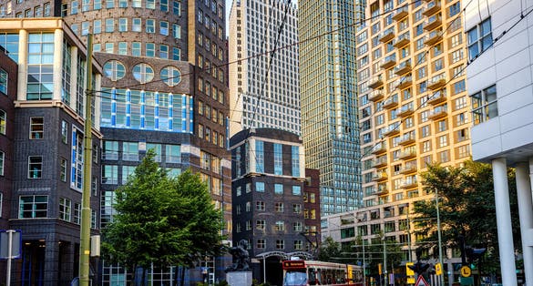 A red tram on a street in the Hague city center, South Holland, Netherlands