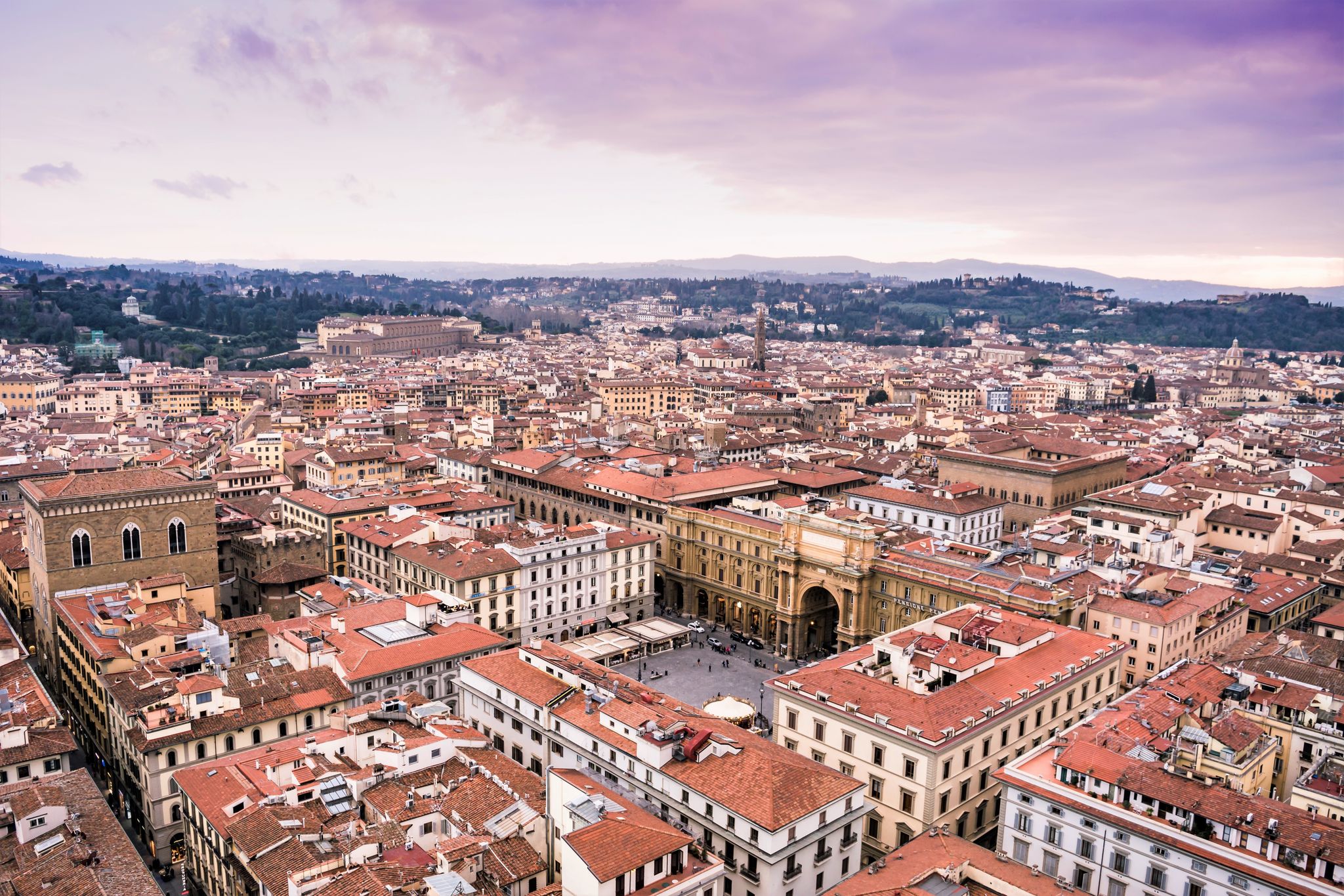 photo of view of Florence, Piazza della Repubblica (Republic square) aerial view, Florence, Italy.