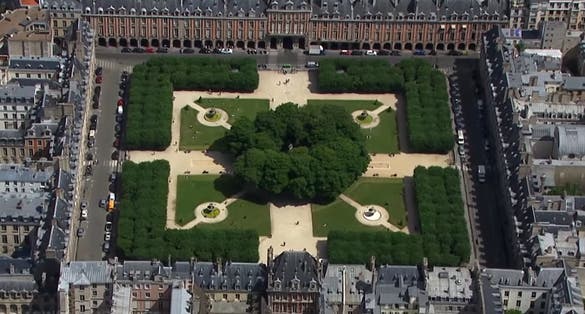 photo of aerial view of Place des Vosges in the Marais district of Paris, France.