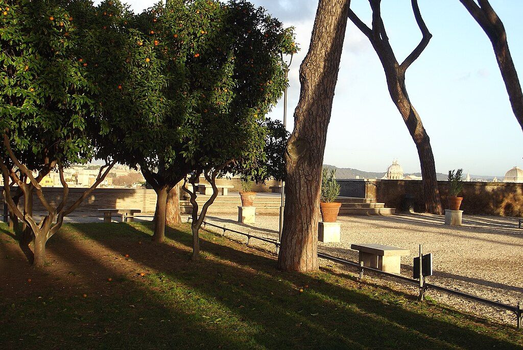photo of view of Orange trees and the terrace at the Orange Garden, Rome, Italy..