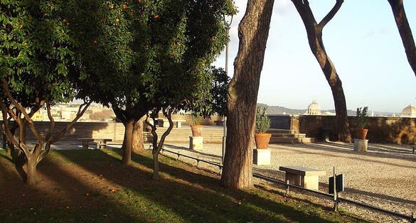 photo of view of Orange trees and the terrace at the Orange Garden, Rome, Italy..