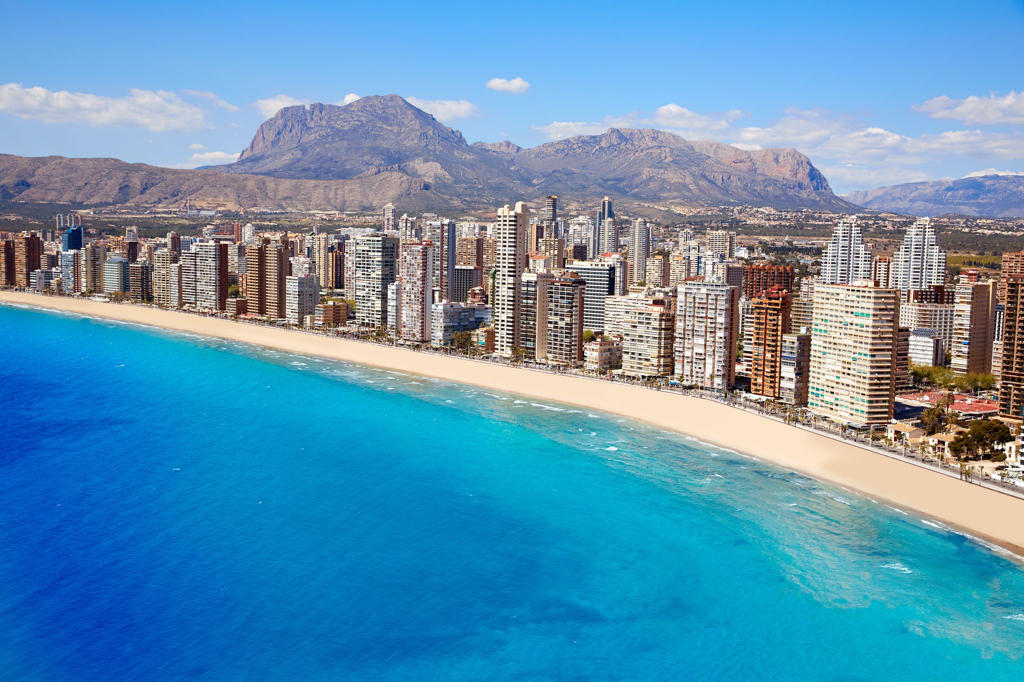 Photo of aerial view of Benidorm and Levante beach in Alicante Mediterranean of Spain.