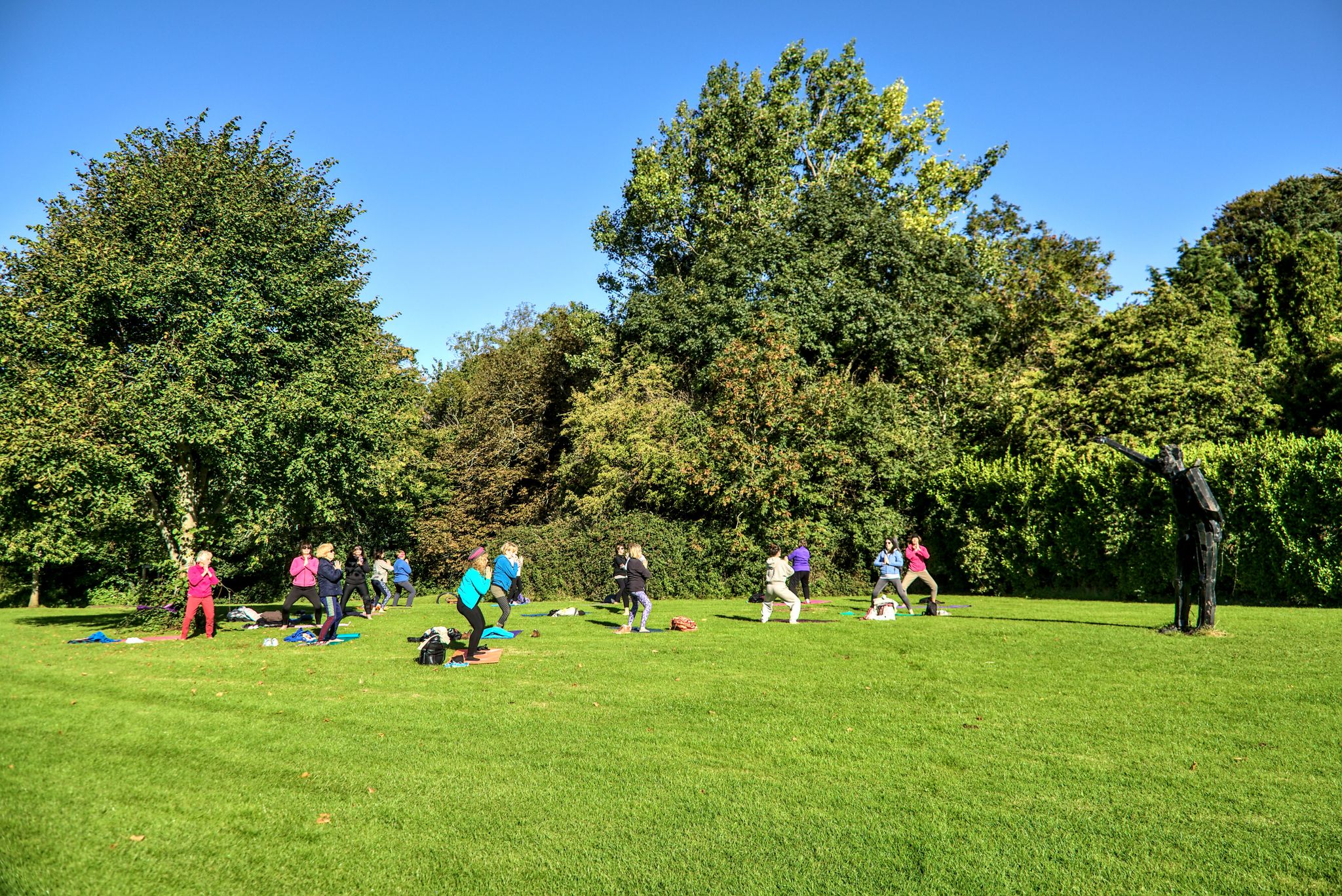 Photo of big group of adult people attending outdoor class, practicing social distancing and exercising yoga outside on lawn on sunny warm autumn day in Marlay Park, Dublin, Ireland.