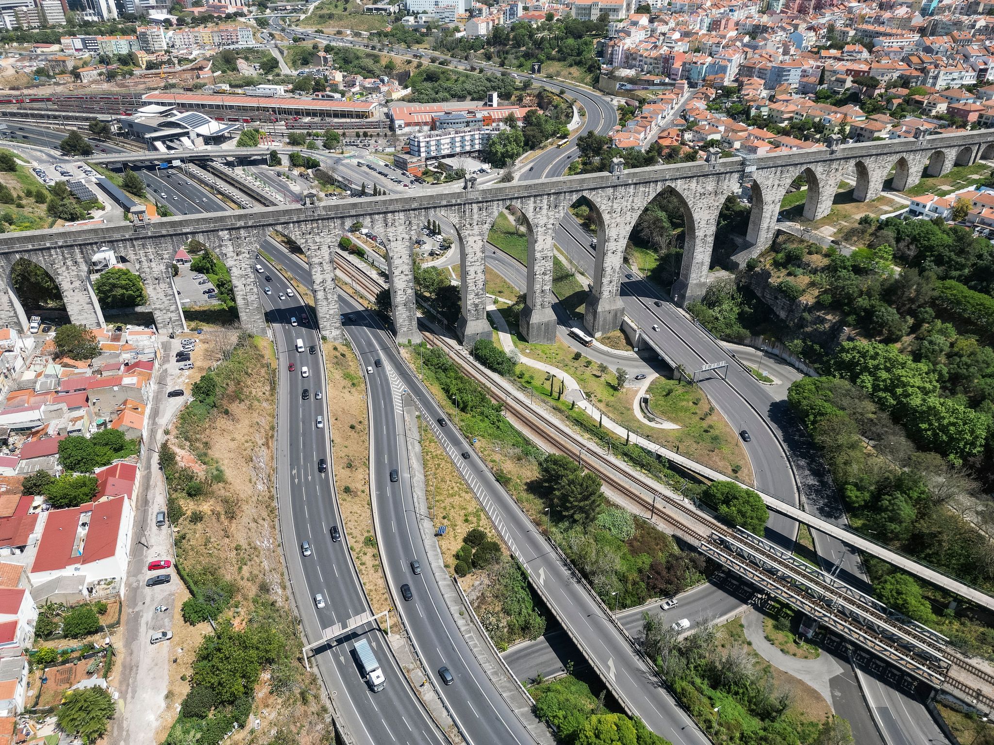 Beautiful aerial view to old historic aqueduct in central Lisbon, Portugal