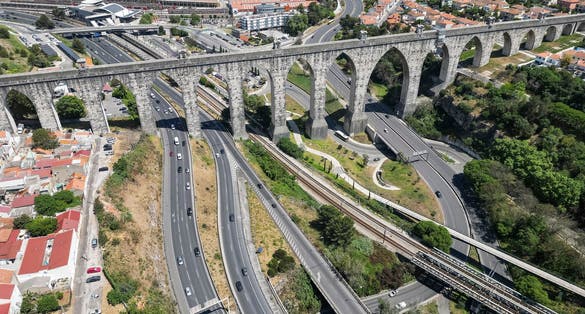 Beautiful aerial view to old historic aqueduct in central Lisbon, Portugal