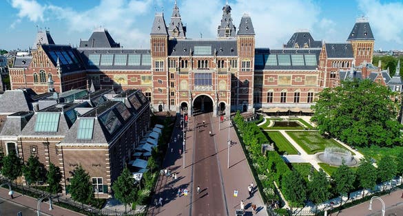 Photo of aerial view of the Rijksmuseum famous building in Amsterdam, Netherlands.