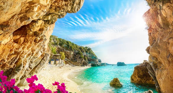 Photo of beautiful view over the sea beach in Corfu island, Pelion, Mylopotamos, Greece.