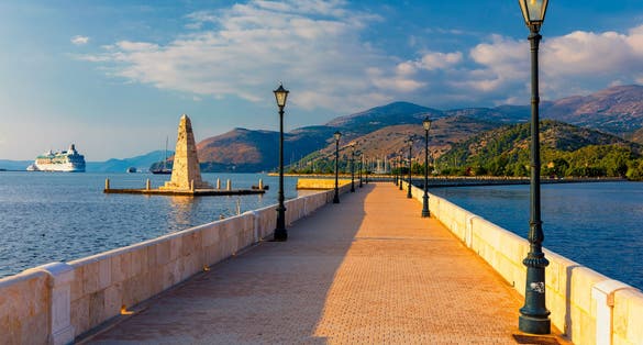 Photo of the De Bosset Bridge in Argostoli city on the beach, Kefalonia island.