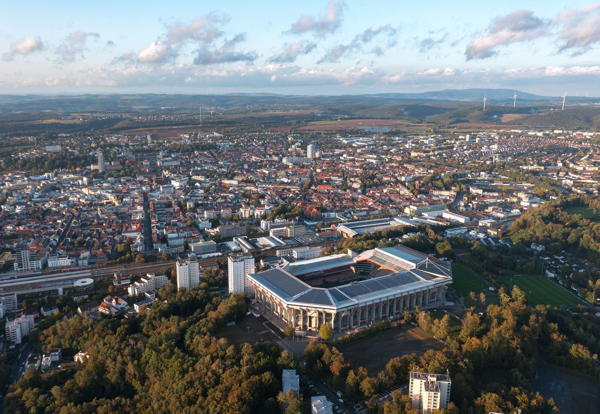 photo of view of Aerial panoramic skyline cityscape of Kaiserslautern city at sunset. Rhineland-palatinate, Germany