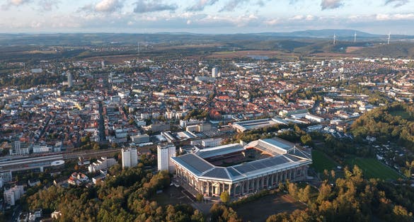 photo of view of Aerial panoramic skyline cityscape of Kaiserslautern city at sunset. Rhineland-palatinate, Germany