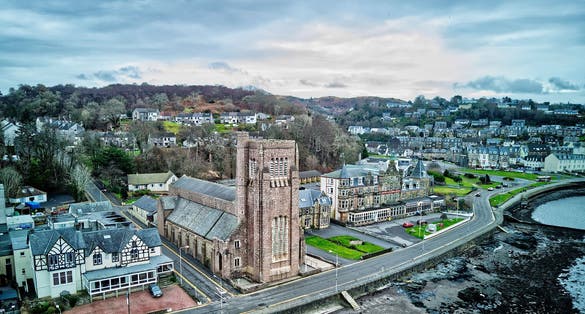 photo of view of Oban Cathedral on the Corran Esplanade, Oban.
