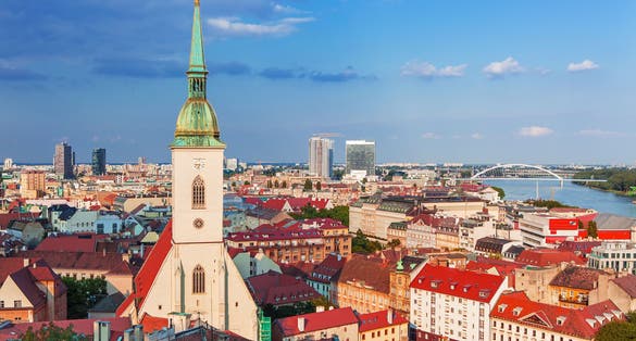 View on Bratislava city with St. Martin's Cathedral and Danube river, Bratislava, Slovakia.