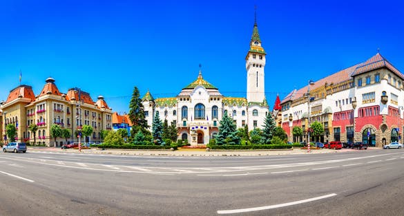 Street view of the Administrative palace and the Culture palace, landmark, Targu-Mures, Romania.