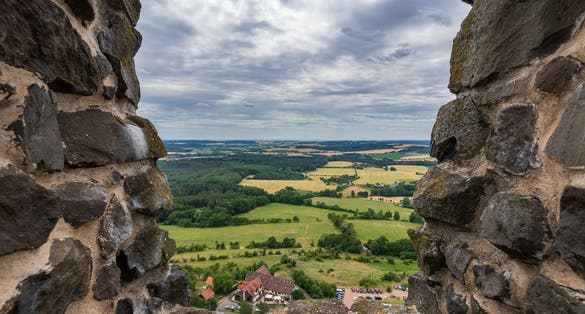 Photo of walls and summer landscape from Trosky castle in Bohemian paradise, Czech republic.